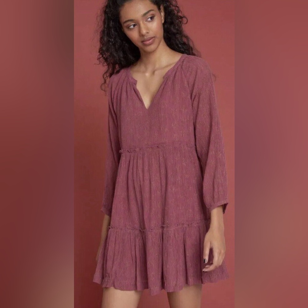 Roller Rabbit Mauve Mini Dress Tiered Ruffle Hem Long Sleeve Casual Boho Dress